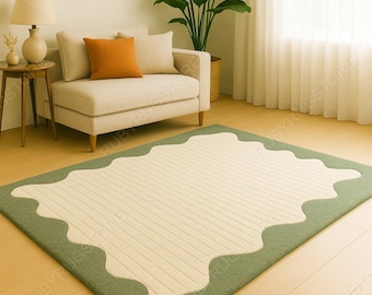 Cream & Sage Wavy Border Area Rug – Modern Hand-Tufted Textured Carpet | Minimalist Soft Plush Living Room Rug | 5x8 6x9 8x10 9x12.