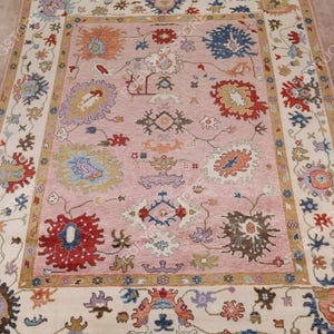Pink Oushak Rug, Modern Multicolored Area Rug 9x12, Ivory Wool Rug 8x10, Handmade Turkish Rug For Bedroom, Living room, Kids room.