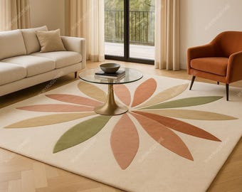 Alfombra moderna abstracta floral, hecha a mano, estilo retro, con flores en terracota, salvia y mostaza, estilo bohemio, suave, para sala de estar y dormitorio.