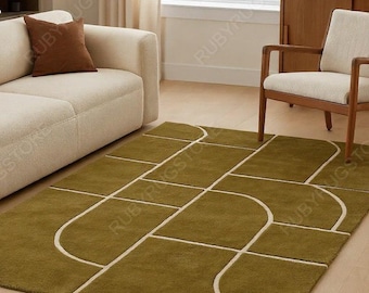 Modern Olive Green Geometric Wool Rug – Minimalist Hand-Tufted Area Carpet |  Contemporary Grid Pattern | 5x8 6x9 8x10 9x12.