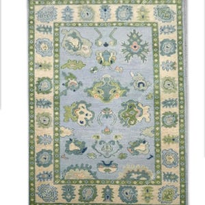 9'X12' Hand knotted Blue And Green Rug, Oushak Rug With Ivory, Olive Green & Light Pink Motifs: Modern Coastal Comfort Area Rug.