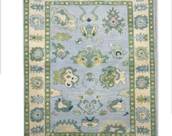 9'X12' Hand knotted Blue And Green Rug, Oushak Rug With Ivory, Olive Green & Light Pink Motifs: Modern Coastal Comfort Area Rug.