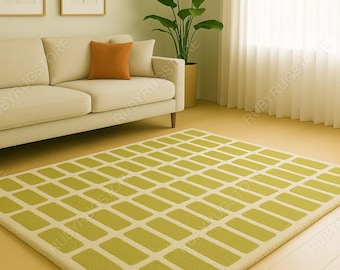 Modern Green Geometric Area Rug – Hand-Tufted Soft Plush Carpet | Minimalist Rectangular Pattern Rug for Living Room | 5x8 6x9 8x10 9x12.
