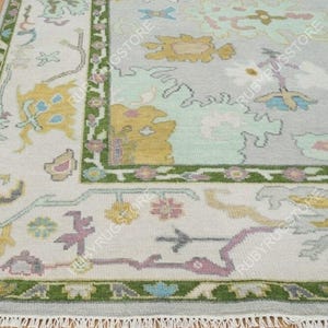 Light Gray Ivory Green Rug, Modern Oushak Rug 9x12, Colorful Turkish Rug, Bedroom Area Rug, Handmade Wool Rug 8x10, Rugs for Kitchen.
