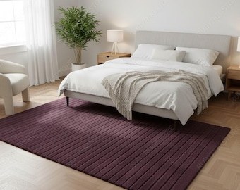 Plum Purple Textured Area Rug – Modern Hand-Tufted Ribbed Carpet | Soft Plush Bedroom Rug | Minimalist Contemporary Design | 5x8 6x9 8x10.