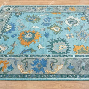 Contemporary Oushak Rug In Blue with Gray border, Orange Accent Turkish Rug, Modern Area Rug In Green And White for hallway decor, Bedroom.