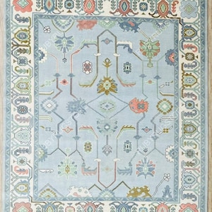 Modern Oushak Rug, White Light Blue Green Area Rug 8X10, Colorful Contemporary Wool Rug, Floral Turkish Rug For Home, Living Room, Bedroom.
