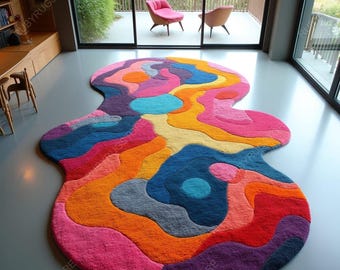 Hand Tufted Wool Rug, Irregular Abstract Design, Multi Color