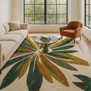 Hand-Tufted Olive and Sage Green Botanical 8x10 Modern Leaf Pattern Wool Area Rug/Carpet – Contemporary Nature-Inspired Living Room Decor.