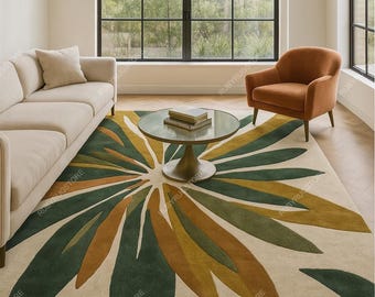 Hand-Tufted Olive and Sage Green Botanical 8x10 Modern Leaf Pattern Wool Area Rug/Carpet – Contemporary Nature-Inspired Living Room Decor.