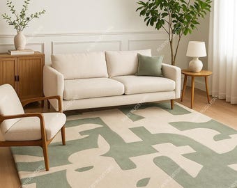 Alfombra abstracta moderna de 8 x 10 pulgadas, alfombra minimalista de lana con mechones hechos a mano en verde salvia y crema: alfombra de estilo escandinavo para la decoración de la sala de estar.