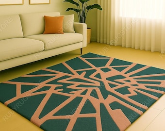 Abstract Geometric Area Rug – Modern Hand-Tufted Dark Teal & Peach Carpet | Bold Contemporary Pattern Rug | 5x8 6x9 8x10 9x12.