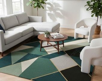 Modern Geometric Area Rug – Teal, Black & Beige Abstract Pattern Carpet | Living Room Rug | Bold Luxury Design | 5x8 6x9 8x10 9x12.
