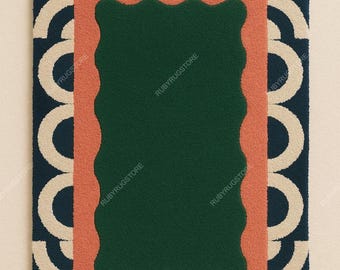Alfombra abstracta geométrica moderna en verde, azul marino y terracota, alfombra de diseño de lana con mechones hechos a mano para sala de estar, dormitorio, oficina, 5x8, 8x10, 9x12.