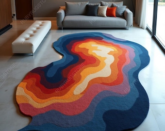 Colorful Wave Irregular Shape Hand Tufted 100% Wool Area Rugs For Bedroom Authentic, Minimalist Tufted Rug,4x6,5x8,6x9,7x10,8x10,9x12.