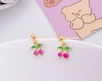 Tiny Cherry Earrings, Cherry drop earrings, Cute fruit earrings, Mini Cute Fruit Unique Gift for her, Cute fruit earrings, Dangle earrings