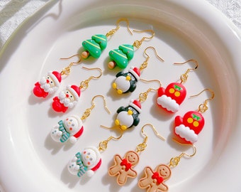 Christmas Earrings,Dangle Earrings,Christmas Gift,Cute Christmas Soft Clay Earring,Santa,Gingerbread Man,Christmas Penguin,Christmas Snowman