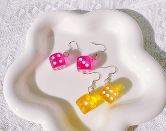 Coloured Translucent Dice Dangle Earrings,Dice Mini Earrings,Fun And Funky Earrings,Novelty Earrings,Quirky Jewelry,Casino Diamonds Die Game
