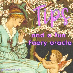 Peut inclure: Illustration vintage avec une femme en robe et chapeau turquoise, et un chérubin avec un arc et une flèche. Le texte rose "Tips and a fun Faery oracle" est présent. Un arbre en fleurs sert de fond.