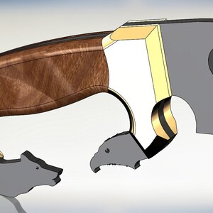 May include: A close-up of a knife with a wooden handle and a silver blade. The blade has a gold accent and a wolf head design on the side. The handle has a bear head design on one side and an eagle head design on the other.