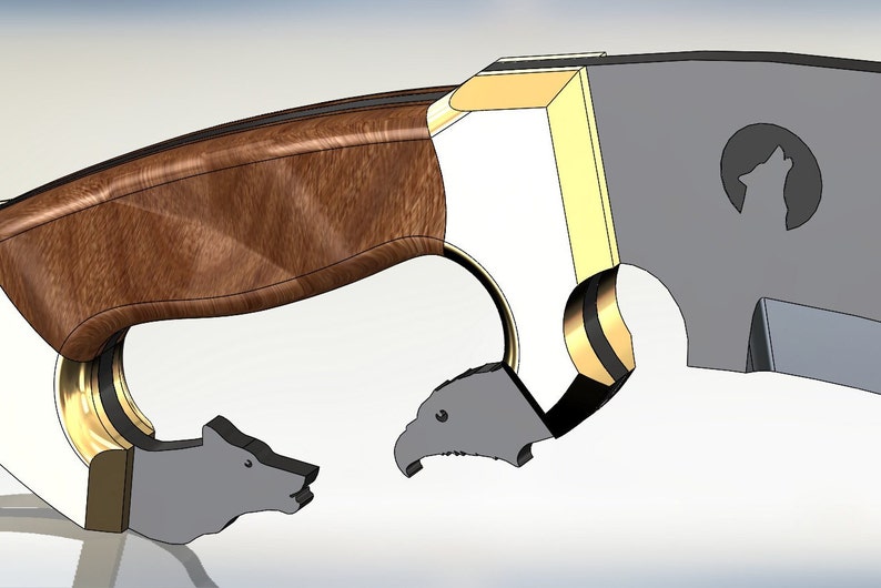 May include: A close-up of a knife with a wooden handle and a silver blade. The blade has a gold accent and a wolf head design on the side. The handle has a bear head design on one side and an eagle head design on the other.