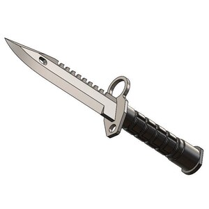 May include: A silver knife with a black handle and a serrated blade. The handle has a textured grip and a ring on the top.