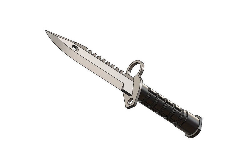 May include: A silver knife with a black handle and a serrated blade. The handle has a textured grip and a ring on the top.