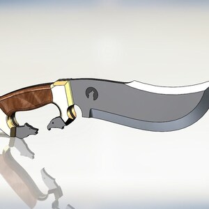 May include: A hunting knife with a brown wooden handle and a silver blade. The handle has a gold accent and a wolf head design. The blade has a wolf head logo.