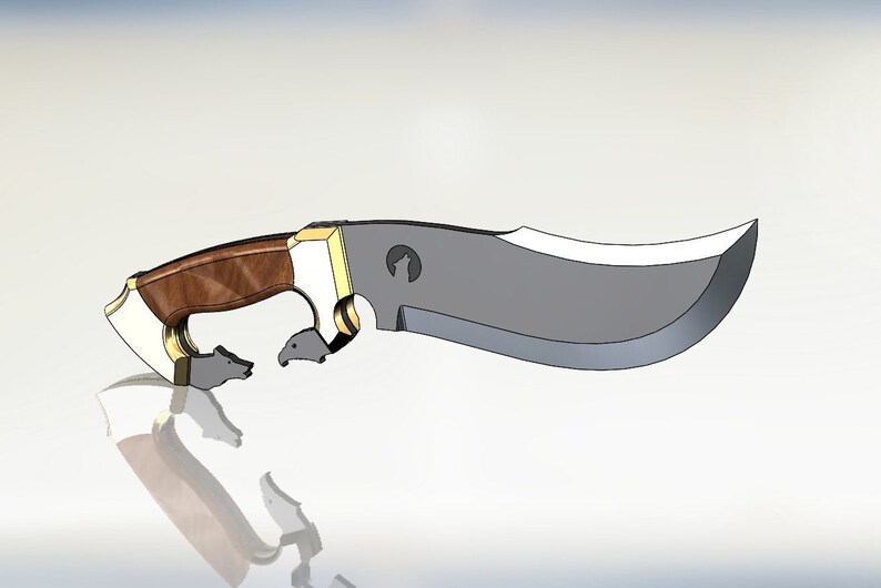 May include: A hunting knife with a brown wooden handle and a silver blade. The handle has a gold accent and a wolf head design. The blade has a wolf head logo.