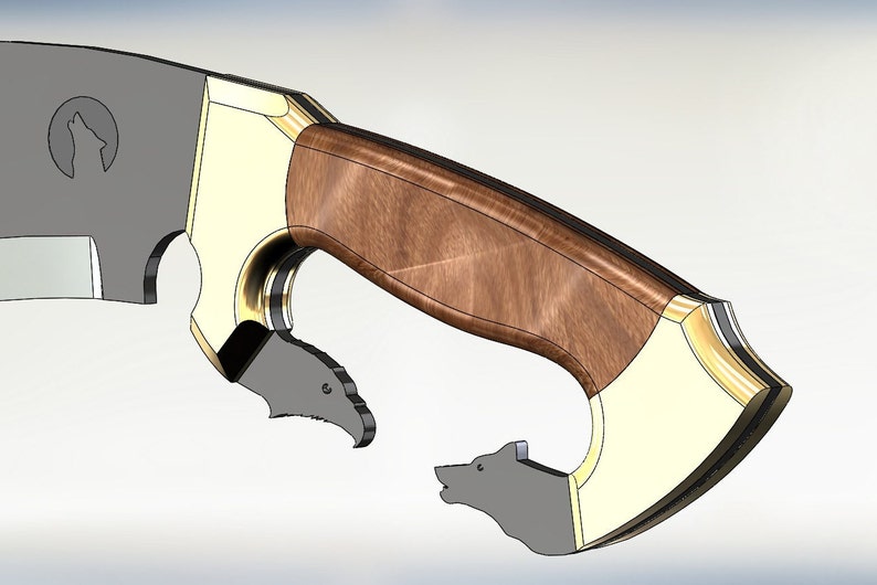 May include: A close-up of a knife handle with a wooden inlay and gold accents. The handle features two wolf head cutouts on either side.