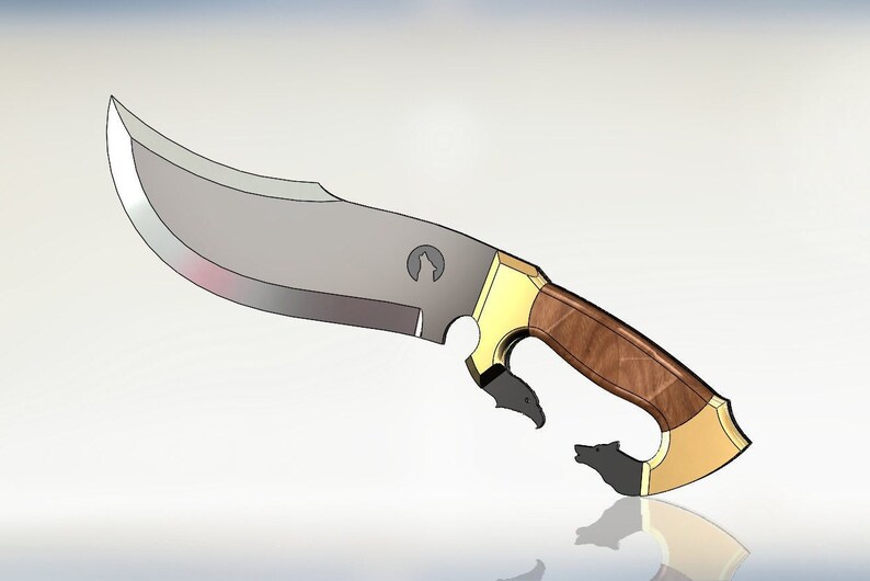 May include: A silver knife with a wooden handle. The handle has a gold accent and a wolf head design. The blade has a wolf head logo.