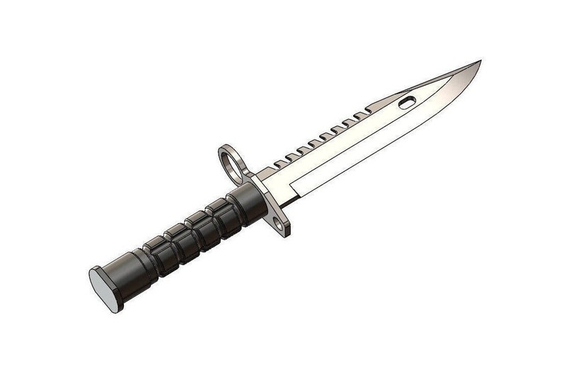 May include: A silver knife with a black handle and a serrated edge. The handle has a textured grip and a small ring at the top.
