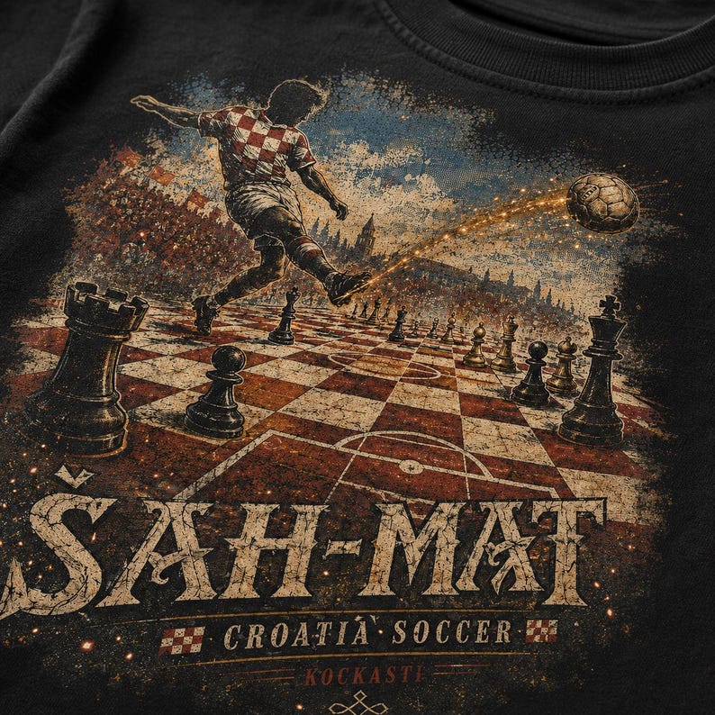 May include: A black t-shirt featuring a graphic print of a soccer player in a red and white checkered jersey kicking a soccer ball across a chessboard. The text reads "&Scaron;AH-MAT", "CROATIA SOCCER", and "KOCKASTI" in a distressed, weathered font style.