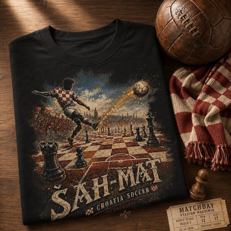 May include: A black t-shirt featuring a graphic of a soccer player kicking a ball across a chessboard. The text reads "&Scaron;AH-MAT" and "CROATIA SOCCER". The design includes chess pieces, a stadium background, and a vintage-style soccer ball.