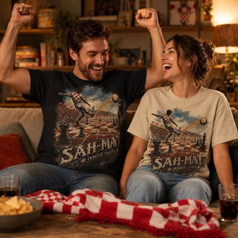 May include: A black t-shirt and a beige t-shirt, each featuring a graphic print of a soccer player kicking a ball on a chessboard. The design includes the text "&Scaron;AH-MAT" and "CROATIA SOCCER" with a checkered pattern motif.