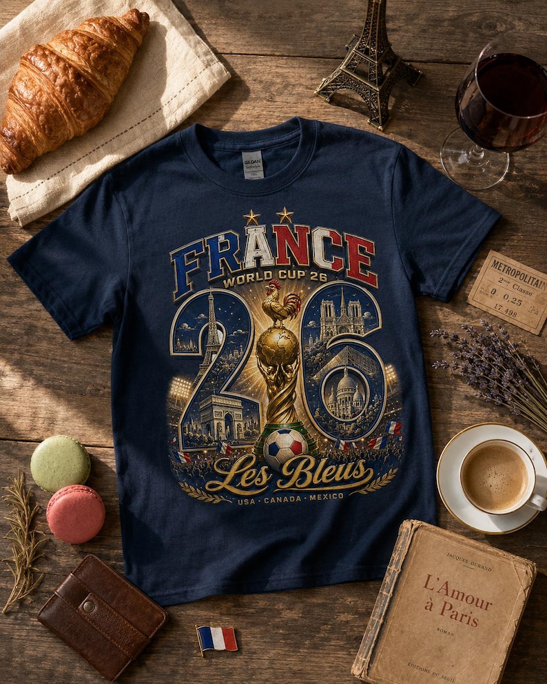 Puede incluir: Camiseta azul marino con un gr&aacute;fico que celebra la Copa del Mundo 26 de Francia. El dise&ntilde;o incluye la Torre Eiffel, un bal&oacute;n de f&uacute;tbol y el texto "FRANCE WORLD CUP 26" y "Les Bleus".