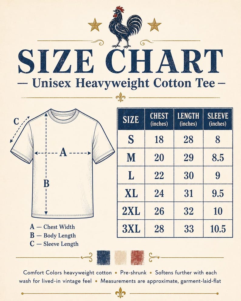 Puede incluir: Tabla de tallas para una camiseta unisex de algod&oacute;n grueso, con una ilustraci&oacute;n de gallo y estrellas doradas. La tabla muestra las medidas de pecho, largo y manga en pulgadas para las tallas S a 3XL. La camiseta est&aacute; hecha de algod&oacute;n grueso Comfort Colors.