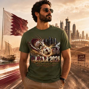 May include: Olive green t-shirt with a graphic featuring an oryx, soccer ball, and the text "QATAR 2026". The design includes a cityscape and the words "ORYX FOOTBALL SPIRIT - DOHA, ARABIA 2026". A flag and a boat are in the background.