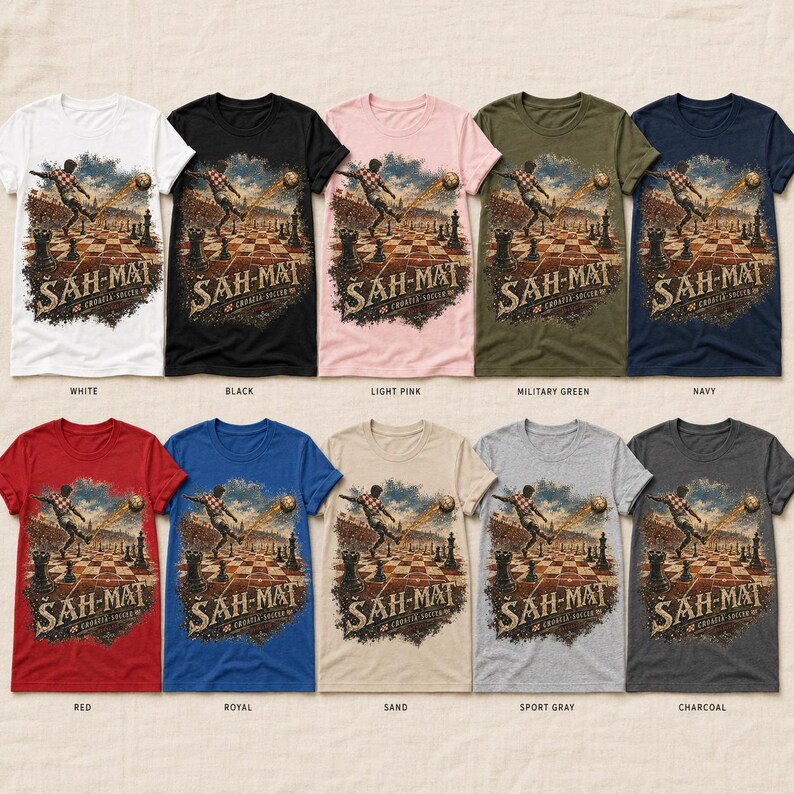 May include: A collection of ten short-sleeve t-shirts in various colors, each featuring a graphic print of a soccer player kicking a ball over a chessboard. The text "&Scaron;AH-MAT" and "CROATIA SOCCER" is printed below the illustration on every shirt.