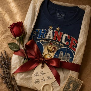 Puede incluir: Una camiseta azul marino con la palabra "FRANCE" en rojo, blanco y azul, y el texto "WORLD CUP 26". La camiseta est&aacute; envuelta en papel pergamino y atada con una cinta burdeos, una rosa roja y una ramita de lavanda. Una etiqueta dice "Pour Papa - Allez Les Bleus".