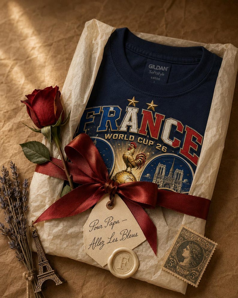 Puede incluir: Una camiseta azul marino con la palabra "FRANCE" en rojo, blanco y azul, y el texto "WORLD CUP 26". La camiseta est&aacute; envuelta en papel pergamino y atada con una cinta burdeos, una rosa roja y una ramita de lavanda. Una etiqueta dice "Pour Papa - Allez Les Bleus".