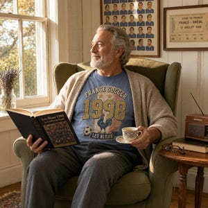 Puede incluir: Un hombre sentado en un sill&oacute;n verde, con una camiseta azul con el texto "FRANCE SOCCER 1998" y un gallo. Sostiene un libro y una taza de t&eacute;. Un p&oacute;ster enmarcado del equipo nacional franc&eacute;s cuelga en la pared.