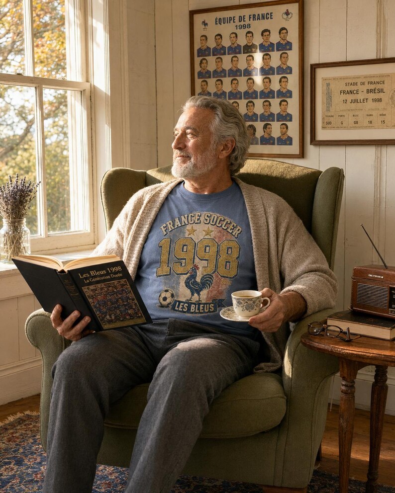 Puede incluir: Un hombre sentado en un sill&oacute;n verde, con una camiseta azul con el texto "FRANCE SOCCER 1998" y un gallo. Sostiene un libro y una taza de t&eacute;. Un p&oacute;ster enmarcado del equipo nacional franc&eacute;s cuelga en la pared.