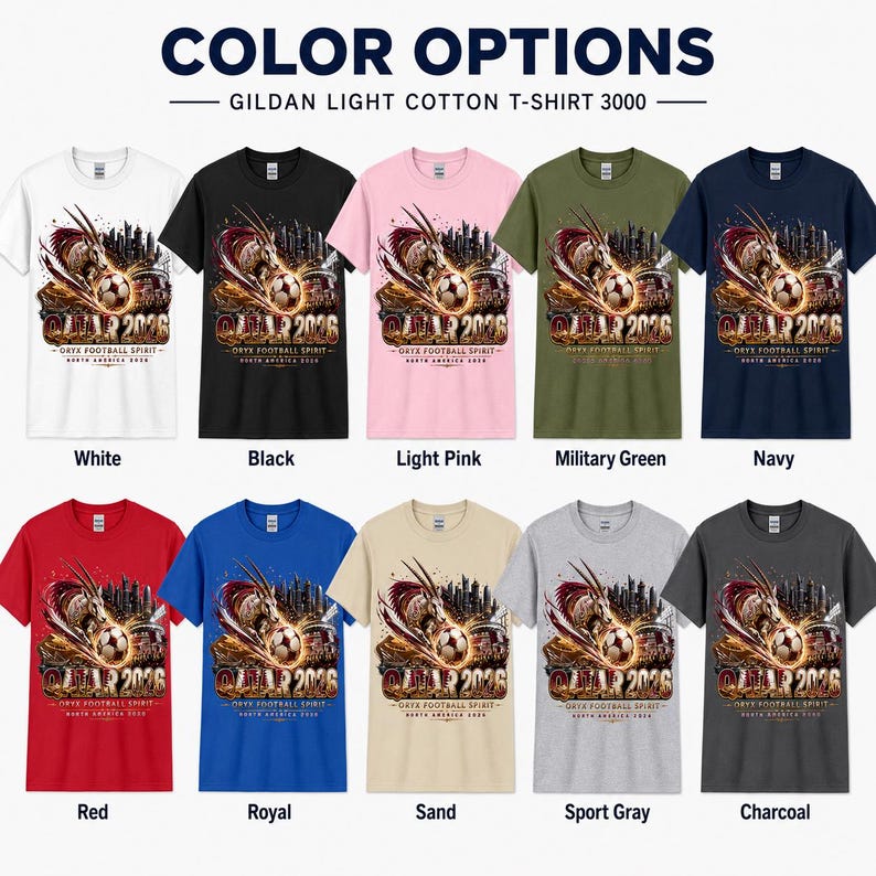 May include: A display of Gildan Light Cotton T-shirts in various colors, including white, black, and red. Each shirt features a graphic with the text "QATAR 2026" and "ORYX FOOTBALL SPIRIT". The available colors are labeled below each shirt.