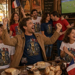 Puede incluir: Un grupo de personas celebrando, vistiendo camisetas con el texto "FRANCE WORLD CUP 26 Les Bleus" y la bandera francesa. Est&aacute;n reunidos en un bar, con comida y vino en la mesa, y un partido de f&uacute;tbol en la televisi&oacute;n.