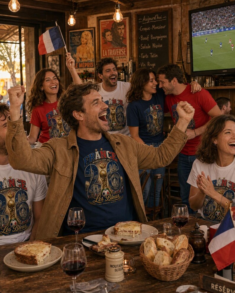 Puede incluir: Un grupo de personas celebrando, vistiendo camisetas con el texto "FRANCE WORLD CUP 26 Les Bleus" y la bandera francesa. Est&aacute;n reunidos en un bar, con comida y vino en la mesa, y un partido de f&uacute;tbol en la televisi&oacute;n.