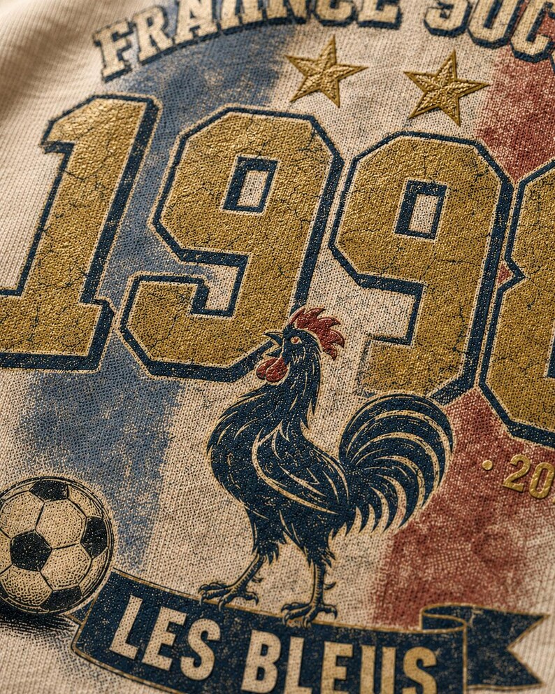 Puede incluir: Camiseta beige con un dise&ntilde;o desgastado que muestra el texto "FRANCE SOCCER 1998" en dorado y azul. Un gallo azul, un bal&oacute;n de f&uacute;tbol y la frase "LES BLEUS" tambi&eacute;n est&aacute;n presentes.
