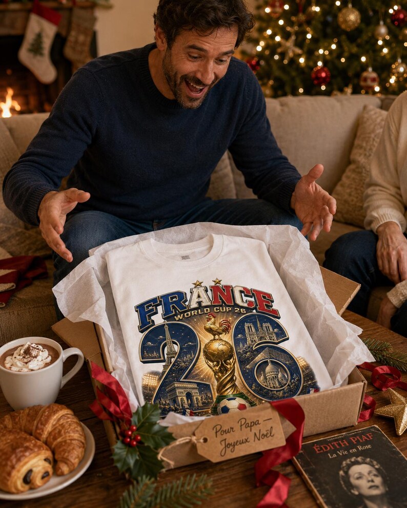 Puede incluir: Camiseta blanca con un dise&ntilde;o gr&aacute;fico que presenta "FRANCE WORLD CUP 26" en azul y rojo, un trofeo dorado e ilustraciones de monumentos franceses. La camiseta se presenta en una caja de cart&oacute;n con papel de seda, junto a una taza de chocolate caliente y cruasanes.