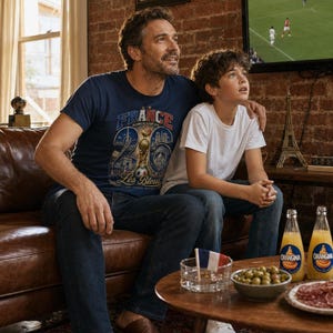 Puede incluir: Una camiseta azul marino con la inscripci&oacute;n "FRANCE WORLD CUP 26 Les Bleus" la lleva una persona. Una persona con una camiseta blanca est&aacute; sentada a su lado en un sof&aacute; de cuero marr&oacute;n. Una peque&ntilde;a mesa contiene aperitivos y bebidas.