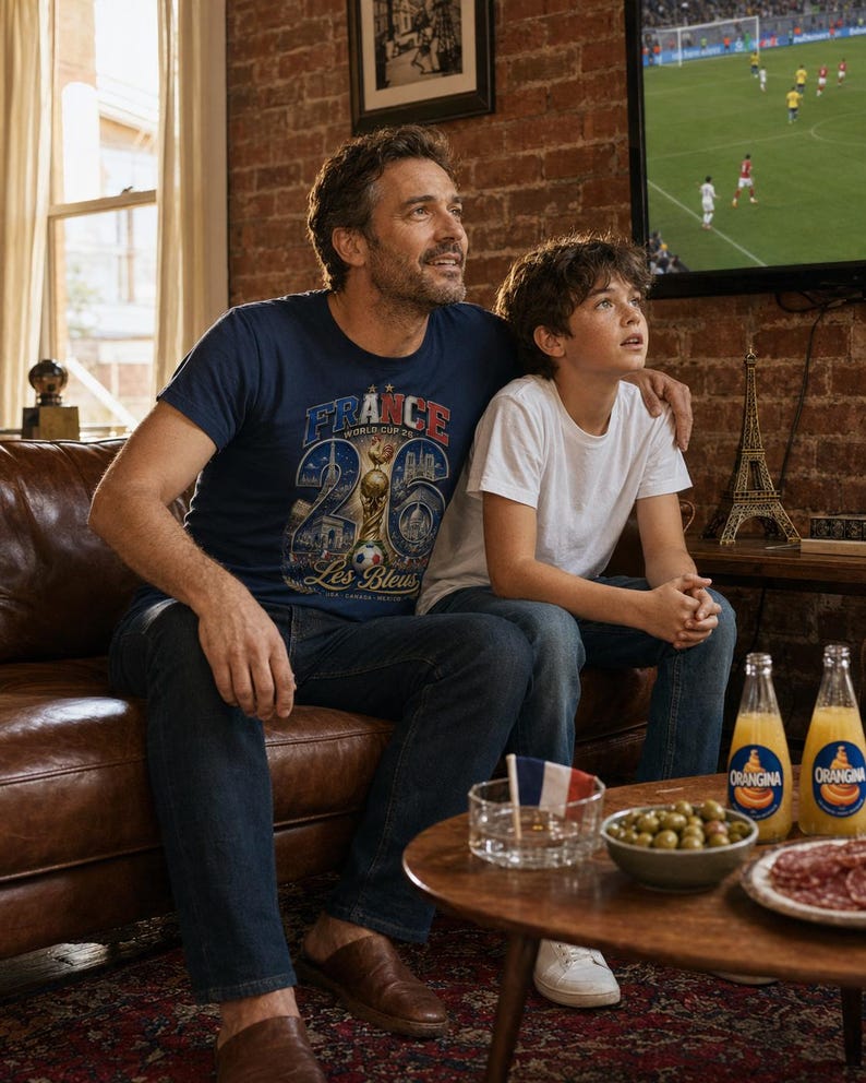 Puede incluir: Una camiseta azul marino con la inscripci&oacute;n "FRANCE WORLD CUP 26 Les Bleus" la lleva una persona. Una persona con una camiseta blanca est&aacute; sentada a su lado en un sof&aacute; de cuero marr&oacute;n. Una peque&ntilde;a mesa contiene aperitivos y bebidas.